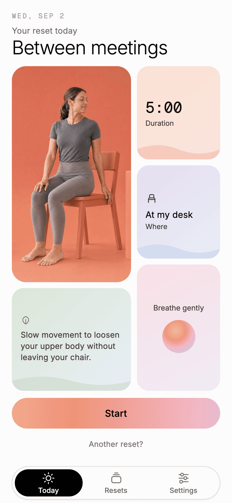 The Today screen: the reset of the day, its duration, where you are, and the Start button.