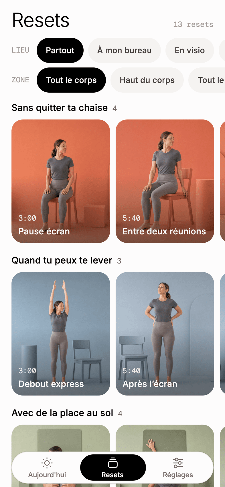 L’écran Resets de l’app : des étagères de resets avec leurs photos, durées et noms.