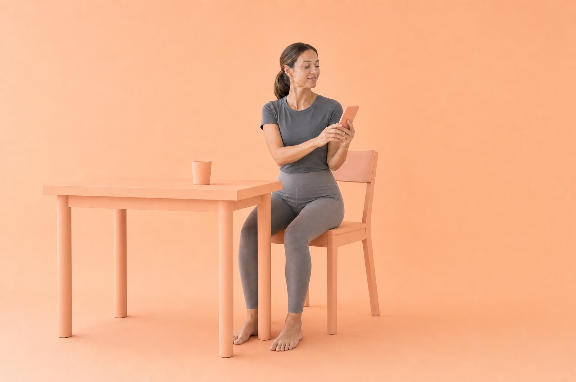 A woman seated at a peach desk in a peach studio, holding a phone in both hands and looking at it with a calm expression.