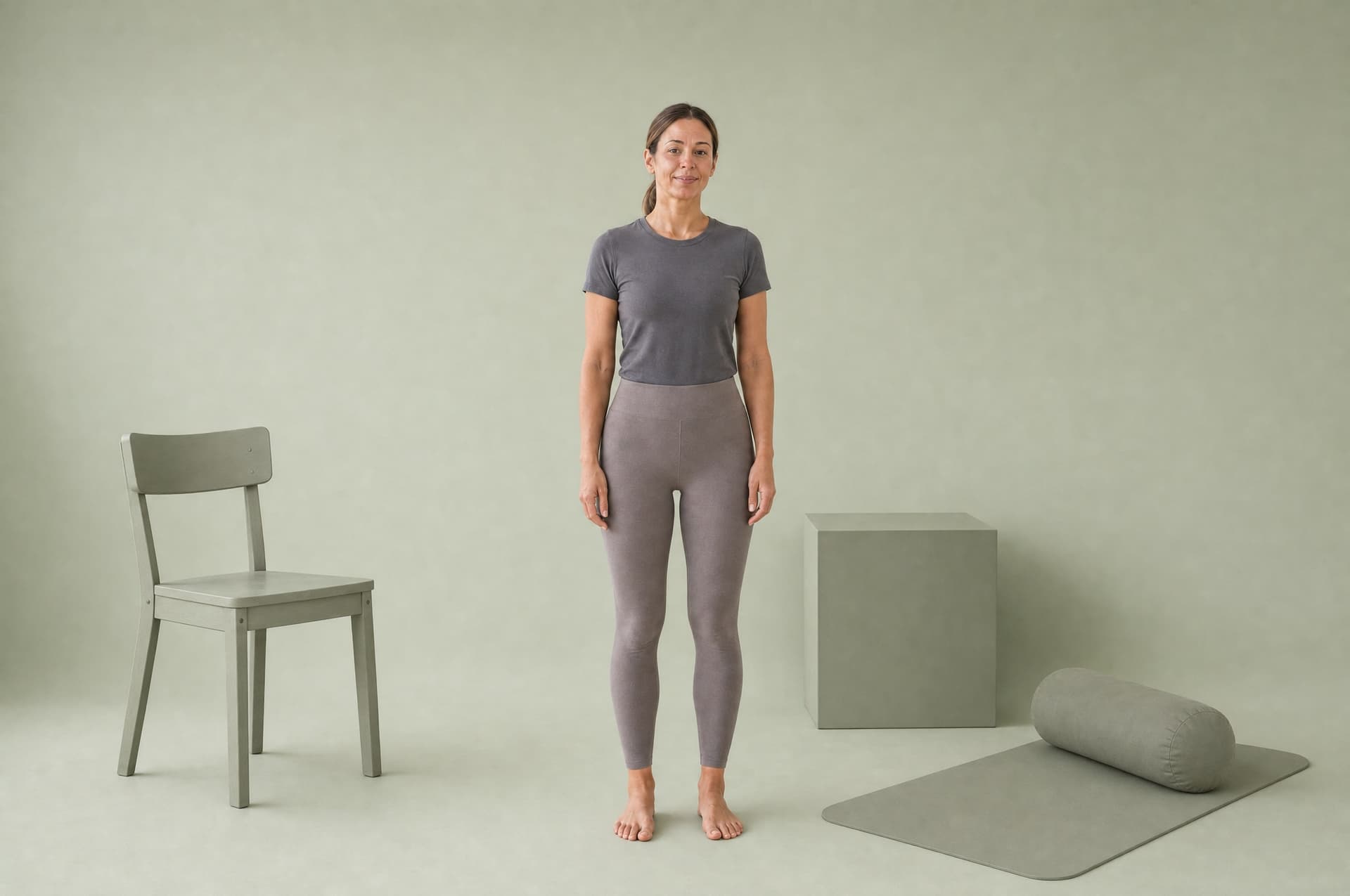 A woman standing in a sage studio between a sage chair, a low pedestal against the wall and a sage yoga mat with a bolster.