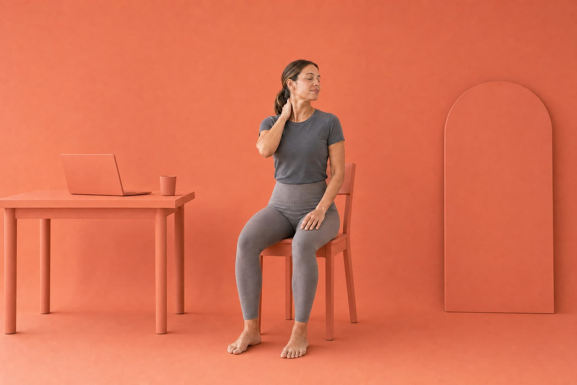 A woman seated on a terracotta chair, pushed back from a terracotta desk and a closed laptop, one hand at the back of her neck, eyes closed.